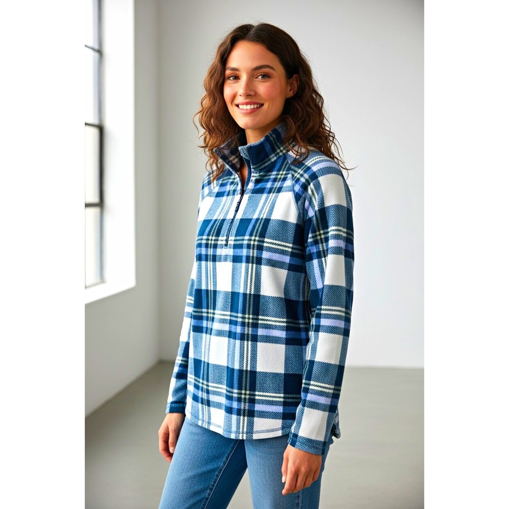 Eddie Bauer Womens Quest Fleece 1/4 Zip Pullover Plaid Sweater Jacket Blue S